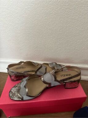Van Eli Metallic Rose Gold and Pink Low Block Heel Sandals